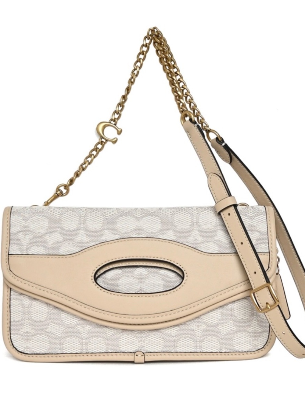 Coach Neutral Signature Canvas Shoulder Bag with Gold Chain
